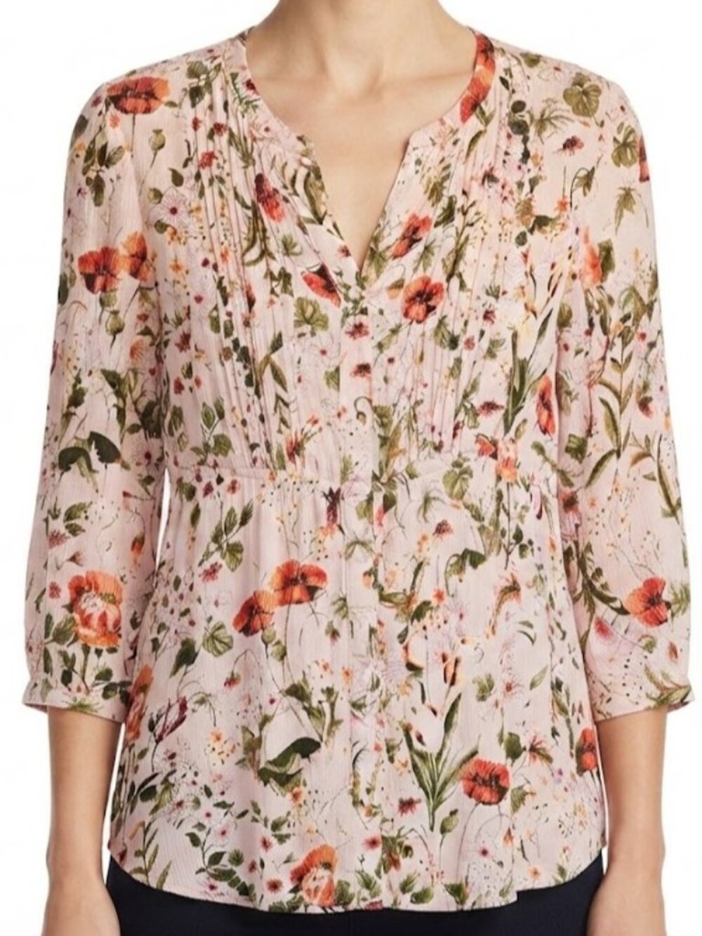 Hilary Radley Light Pink Rose & Poppy Floral V-Neck Button Peasant Blouse